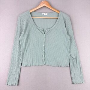 Stitch & Pine Cardigan Shirt Womens L Mint Green‎ Cotton Button front Pointelle